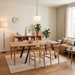 Könnte beinhalten: Ein rechteckiger Esstisch aus hellem Holz mit schwarzen, schrägen Beinen und zwei Stühlen aus hellem Holz mit geflochtenen Sitzen. Der Raum enthält eine Stehlampe, eine Pendelleuchte, ein Holzregal, ein graues Sofa und zwei grüne Topfpflanzen.