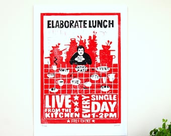 Lunch Linocut Print by Glasgow Artist Alex Weir | Funny Print | Funny Poster | Poster Gifts | Gifts for the Home | Kitchen Gifts Ideas