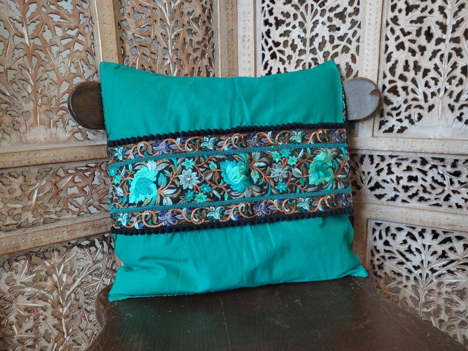 Housse de Coussin Perse 3 Galons Vert/Bleu 40x40 cm