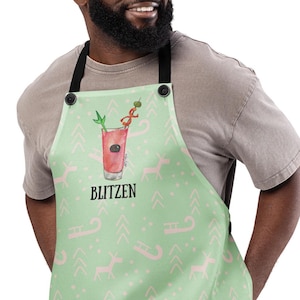 Delantal Blitzen the Bloody Mary: Delantal de cocina divertido para cócteles navideños