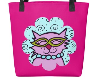 Whimsical Cat Tote Bag: Quirky Artwork, Reusable Shopping Bag