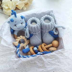 Dragon baby Boy rattle congratulations Pregnancy gift box Blue dragon baby shower gift set New mom gift basket for boy Newborn baby boy gift