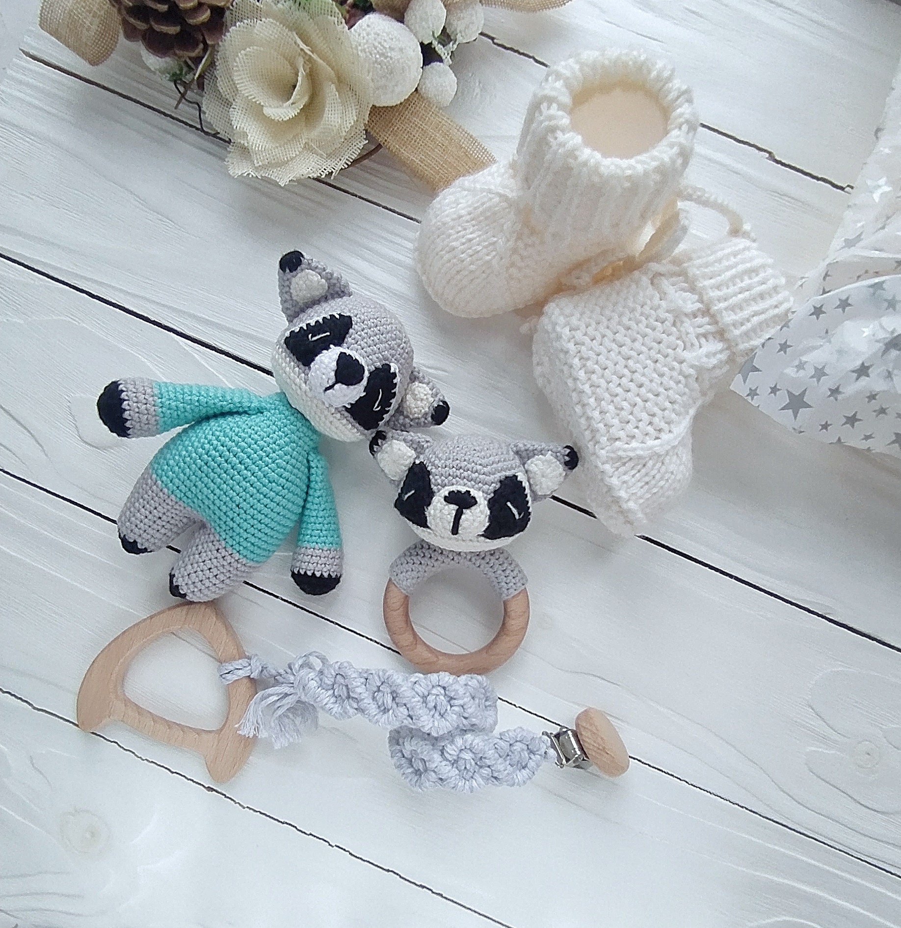 Crochet Raccoon Baby Rattle Newborn Toy Gift Set, Gender Neutral Baby ...