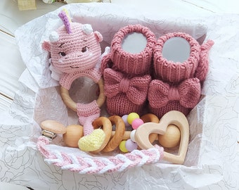 Dragon baby Girl rattle congratulations Pregnancy gift box Dragon baby girl shower gift set New mom gift basket  Newborn baby Girl gift