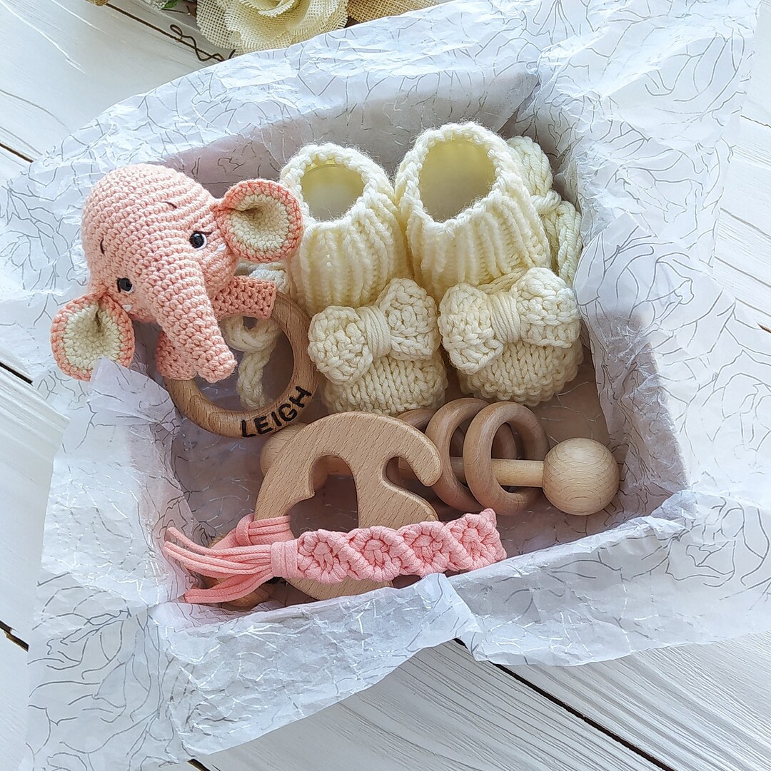 New Baby Girl Gift Box for Safari Themed Baby Shower, Crochet Elephant ...