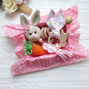 First Easter gift for baby girl, Baby girl Easter bunny gift box with cotton baby toy, Easter basket stuffers, Infant Wooden Baby Toys