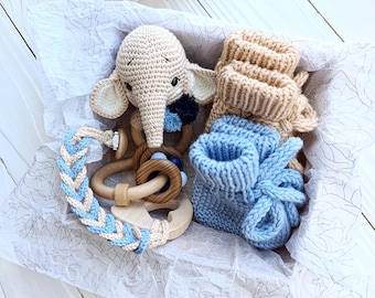 Elephant baby boy gift box, Knit baby boy booties & elephant baby first toy toys set, Newborn gift basket Boy, Safari baby shower gift