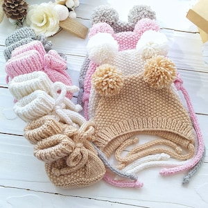 Wool newborn baby hats, Hand knitted baby hat and booties set, Wool baby booties, Baby announcement booties and hat grandparents