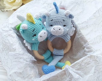 Dragon baby toy Baby shower gift Organic Newborn gift Soft toy Amigurumi crochet toy Baby toy Nursery toy Wooden toy ring