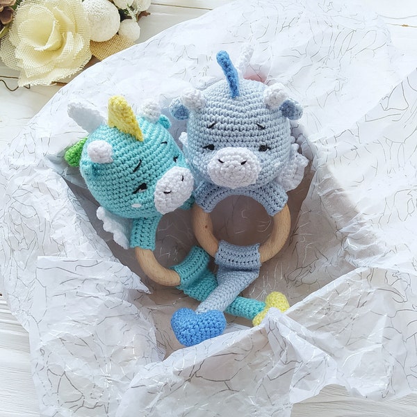 Dragon baby rattle toy Baby shower gift Organic Newborn gift Soft rattle Amigurumi crochet rattle Baby toy Nursery toy Wooden rattle ring