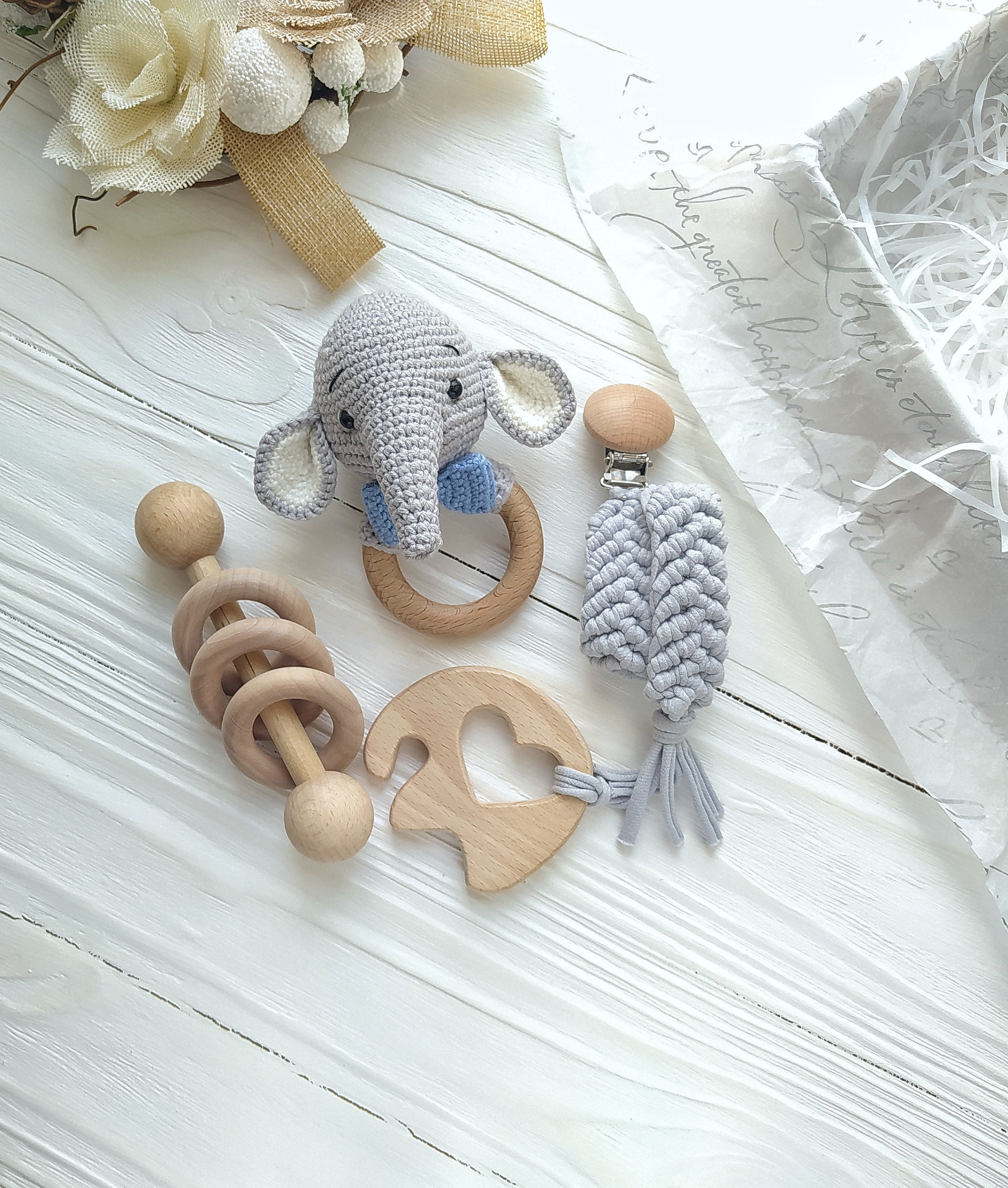 New Baby Boy Gift Basket, Personalized Elephant Baby Rattle Toy Gift ...