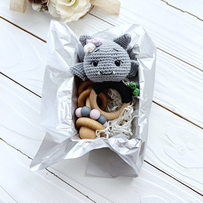 Crochet Bat Baby First Toy, Organic Beech Wood, Halloween Baby Gift - Etsy