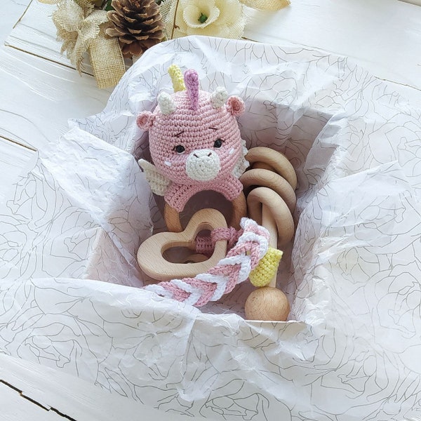 Dragon baby Girl rattle congratulations gift box Pink dragon baby shower gift set New mom gift basket for girl Newborn baby valentines gift
