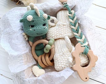 Dragon baby gift basket for Newborn Handmade Dragon crochet toy & Knit baby booties set Fantasy Baby shower gift for pregnant friends