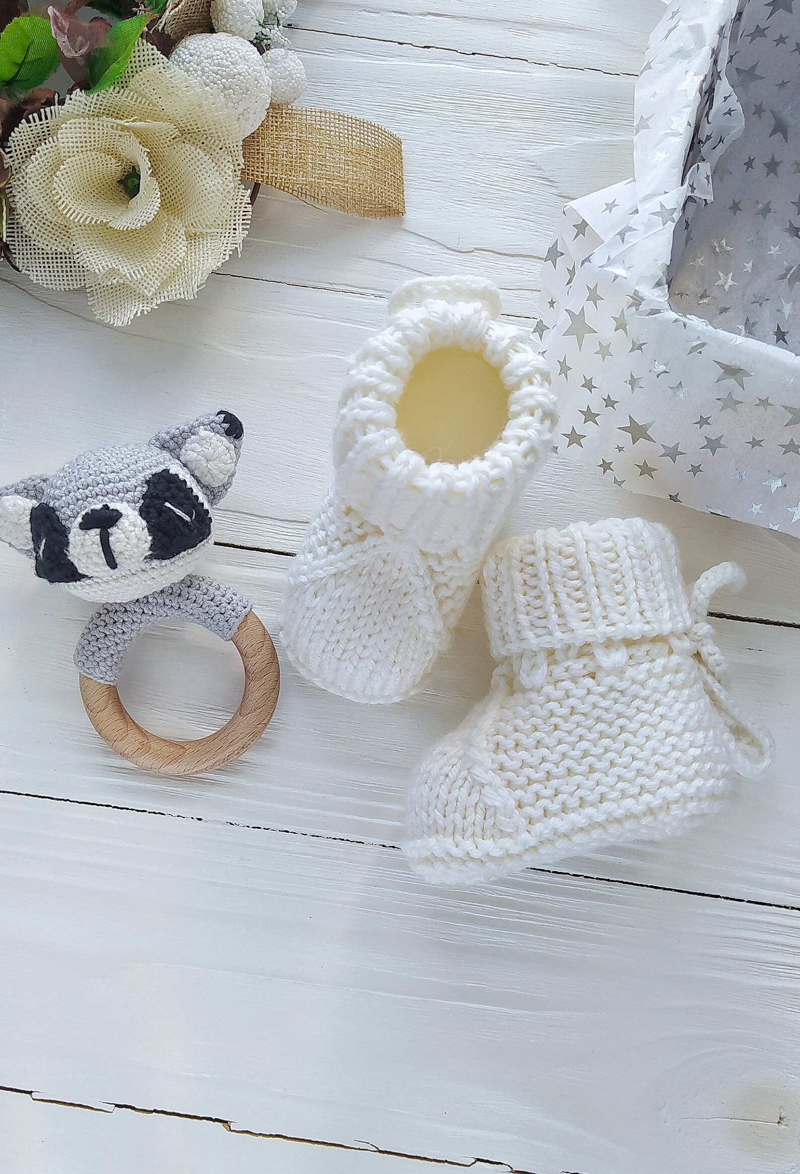 Crochet Raccoon Baby Rattle Newborn Toy Gift Set, Gender Neutral Baby ...