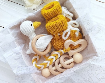 Goose baby gift set, Baby shower gift basket for Newborn, Gender neutral baby gift box, toys set, Handmade baby gift Personalized