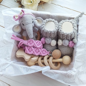 Elefant Baby-Mädchen Geschenk, Baby-Mädchen Geschenk-Box, Neuer Baby-Geschenk-Korb, Einzigartige Baby-Dusche-Geschenk, Neugeborenen Baby-Geschenk-Set, Elefant Rassel