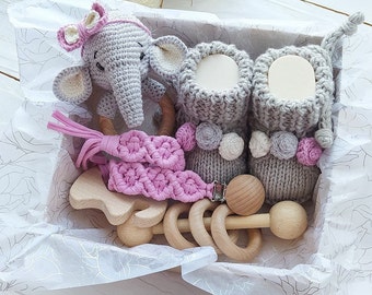 Elephant baby girl gift, Baby girl gift box, New baby girl gift basket, Unique Baby shower Gift, Newborn baby girl gift set, Elephant rattle