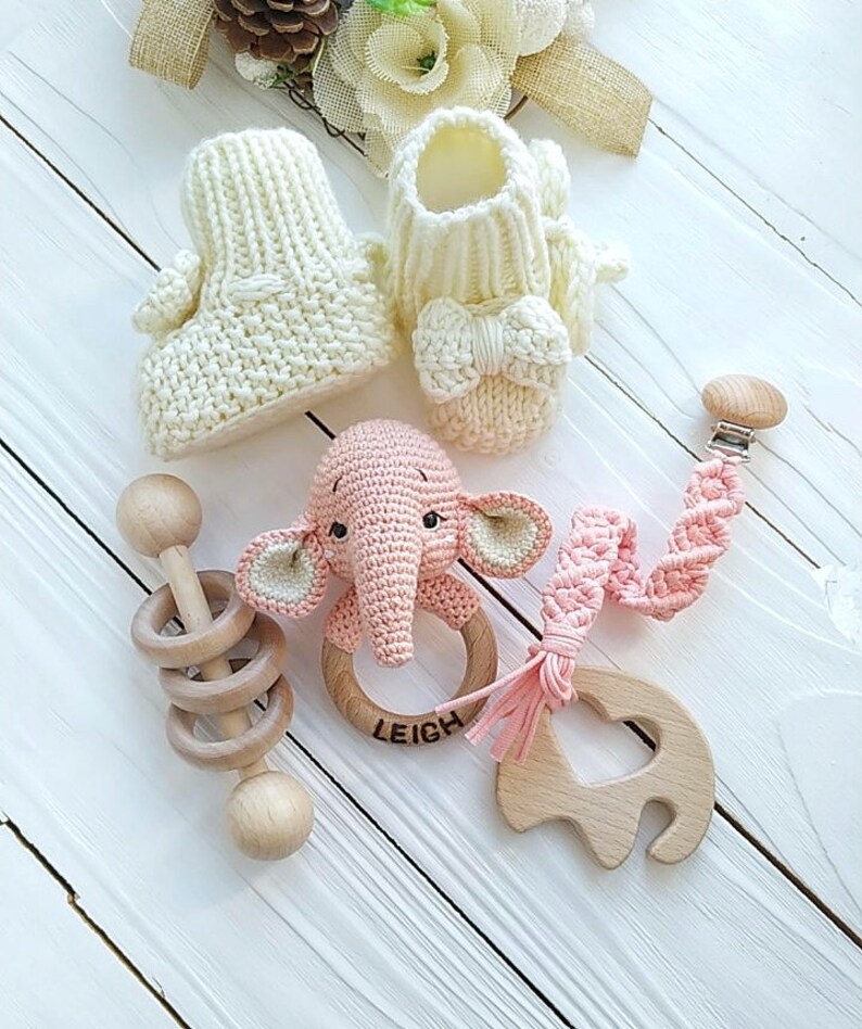 New Baby Girl Gift Box for Safari Themed Baby Shower, Crochet Elephant ...