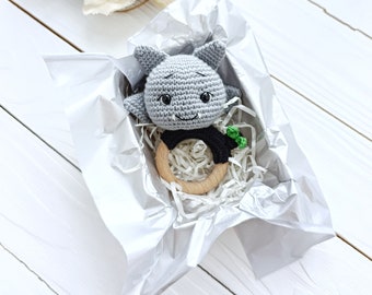 Crochet bat baby first toy, Organic Beech Wood, Halloween Baby Gift