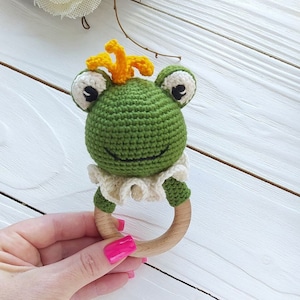 Cute Prince Frog crochet Baby rattle shower gift for pregnant friend, Postpartum Personalized Wooden Baby first Rattle toy gift for Newborn