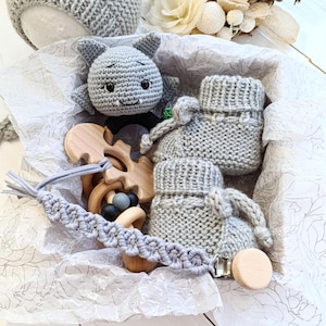 Bat baby gift set Gothic baby announcement gift box with crochet bat plush rattle toy & hand knit booties set Halloween baby shower gift box