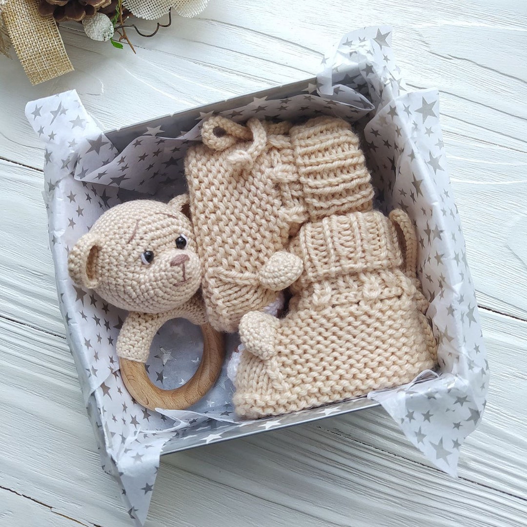 Bear Baby Rattle and Booties Neutral Gift Set, Congratulations on ...