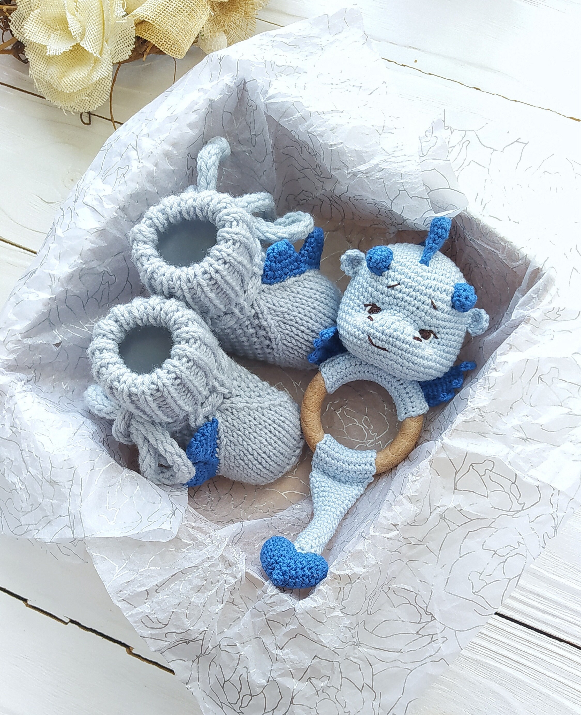 Dragon Baby Boy Rattle Congratulations Pregnancy Gift Box Blue Dragon ...