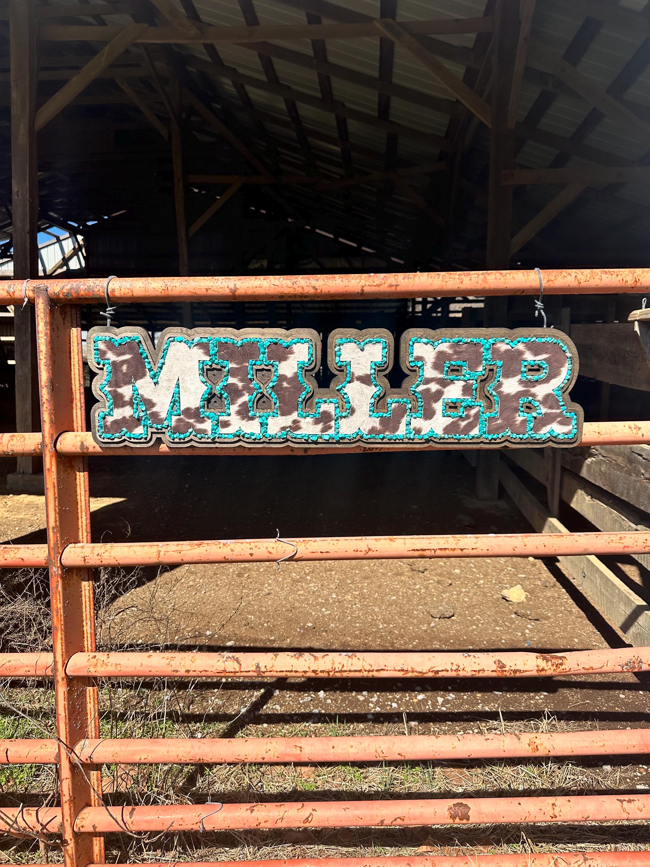 Turquoise Inlay Faux Cowhide Name Sign