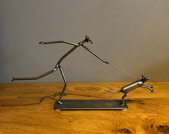 Dog Walker Sculpture, Funny Dog Lover Gift. Welded sculpture. Dog lover gift