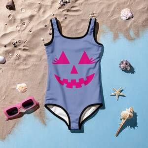 Girls Purple Jack-O'-Lantern Faces Halloween Swimsuit main image 0
