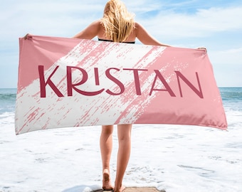 Toalha de praia personalizada: toalha rosa e branca com nome personalizado
