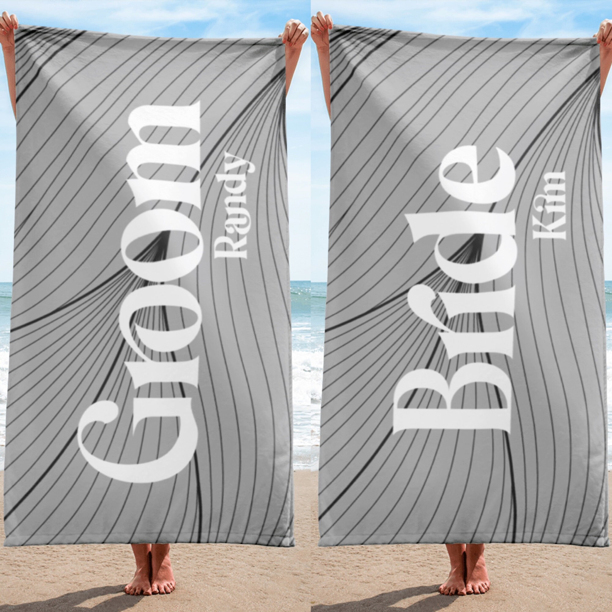Telo Mare Personalizzato Mr & Mrs Con Nome - Asciugamano In Microfibra Leggera 100x180 Cm Per Coppie - Regalo Di Nozze Con Borsa