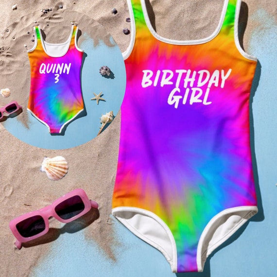 Tie-Dye Birthday Girl Swimsuit: Personalized Kids Swimwear