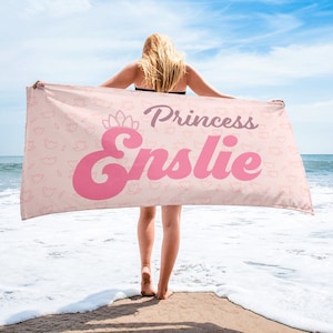 personalized Princess Beach Towel, Name Princess theme birthday Girl towel, Family vacation beach towels, customized Princess items vacation