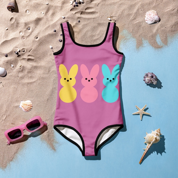 Easter Kids Swimsuit, Toddler Girls Swimwear, Little Girls Spring Beach Ware, Easter Peeps Child Swim Suit, Girls One Piece Bathing Suit,