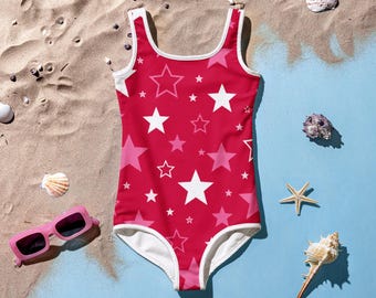 Traje de baño rosa, rojo y blanco con estrellas para niñas / Traje de baño de una pieza patriótico para niñas / Lindo traje de baño de verano estilo americano para niñas