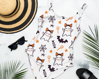 Halloween One-Piece Swimsuit: Pumpkin Ghost Bat Design