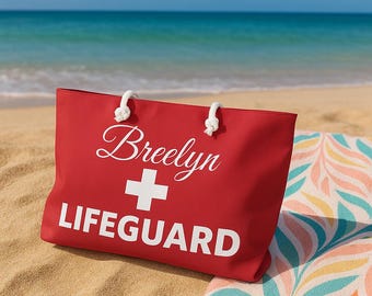 Personalized Red Lifeguard Beach Tote: Travel Duffle Bag