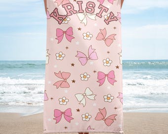Personalized Bow Beach Towel: Custom Name Coquette Pink Blanket