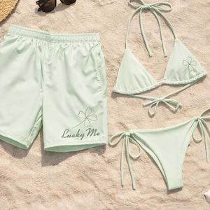 Recycled String Bikini and Swim Trunks, Pastel Green Lucky Me Set