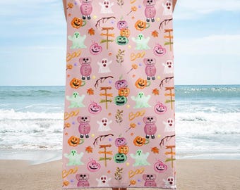 Pink Halloween Beach Towel: Ghost, Pumpkin, Summerween Party