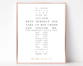 Marcos 8:34-35 - Si alguien viene tras de mí, que tome su cruz y siga... - SCRIPTURE INSTANT DOWNLOAD - Hermoso Arte Cristiano