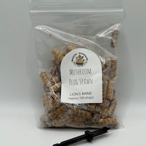 May include: A bag of mushroom plug spawn for growing Lion's Mane mushrooms. The bag contains approximately 100 plugs and includes a drill bit for making holes in logs.  "Majestic Mushrooms" is printed on the label.