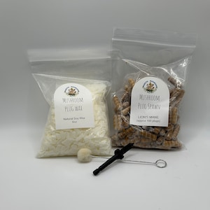 May include: Two clear plastic bags containing mushroom growing supplies. One bag contains white soy wax and the other contains brown mushroom plugs. The bags are labeled "Mushroom Plug Wax" and "Mushroom Plug Spawn Lion's Mane (approx 100 plugs)".