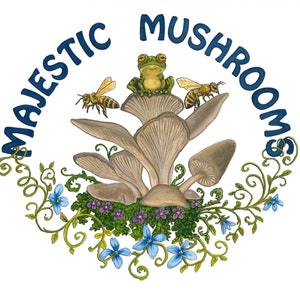 May include: A blue and white logo with the text "Majestic Mushrooms" in a circle around a cluster of mushrooms, a green frog sitting on top, and two bees flying around. The mushrooms are surrounded by green vines and blue flowers.