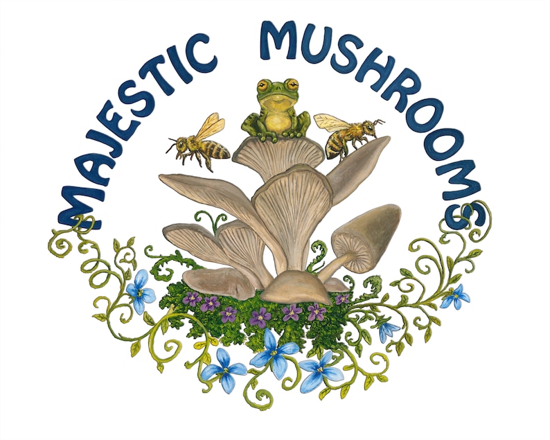 May include: A blue and white logo with the text "Majestic Mushrooms" in a circle around a cluster of mushrooms, a green frog sitting on top, and two bees flying around. The mushrooms are surrounded by green vines and blue flowers.