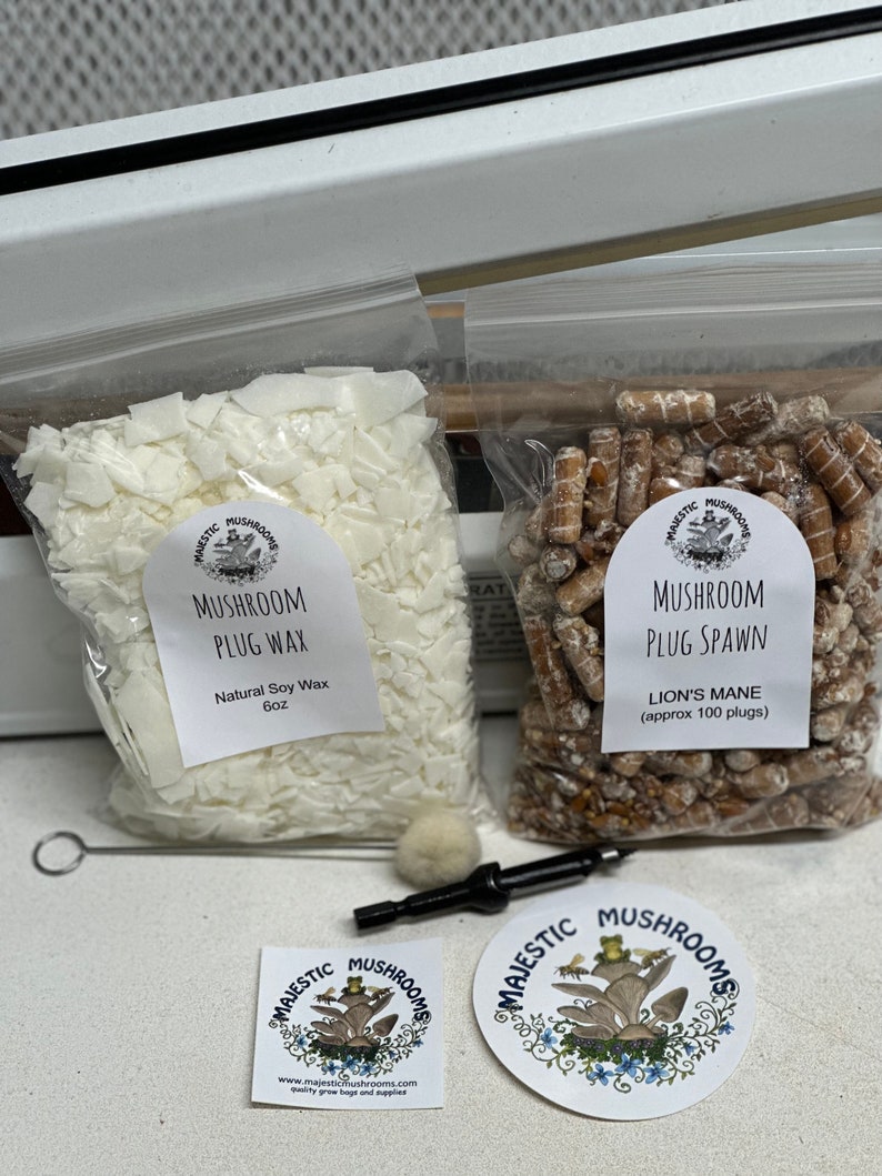 May include: Two bags of mushroom growing supplies. One bag contains white soy wax plugs and the other bag contains brown mushroom spawn plugs. The bags are labeled "Mushroom Plug Wax" and "Mushroom Plug Spawn". The bags are labeled with the company name "Majestic Mushrooms".