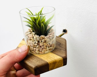 Floating Shelves | Small Hexagon Walnut and Oak Shelf | Plants, Keys, Candles, Wall Décor | Succulent shelf | Walnut with Oak strip