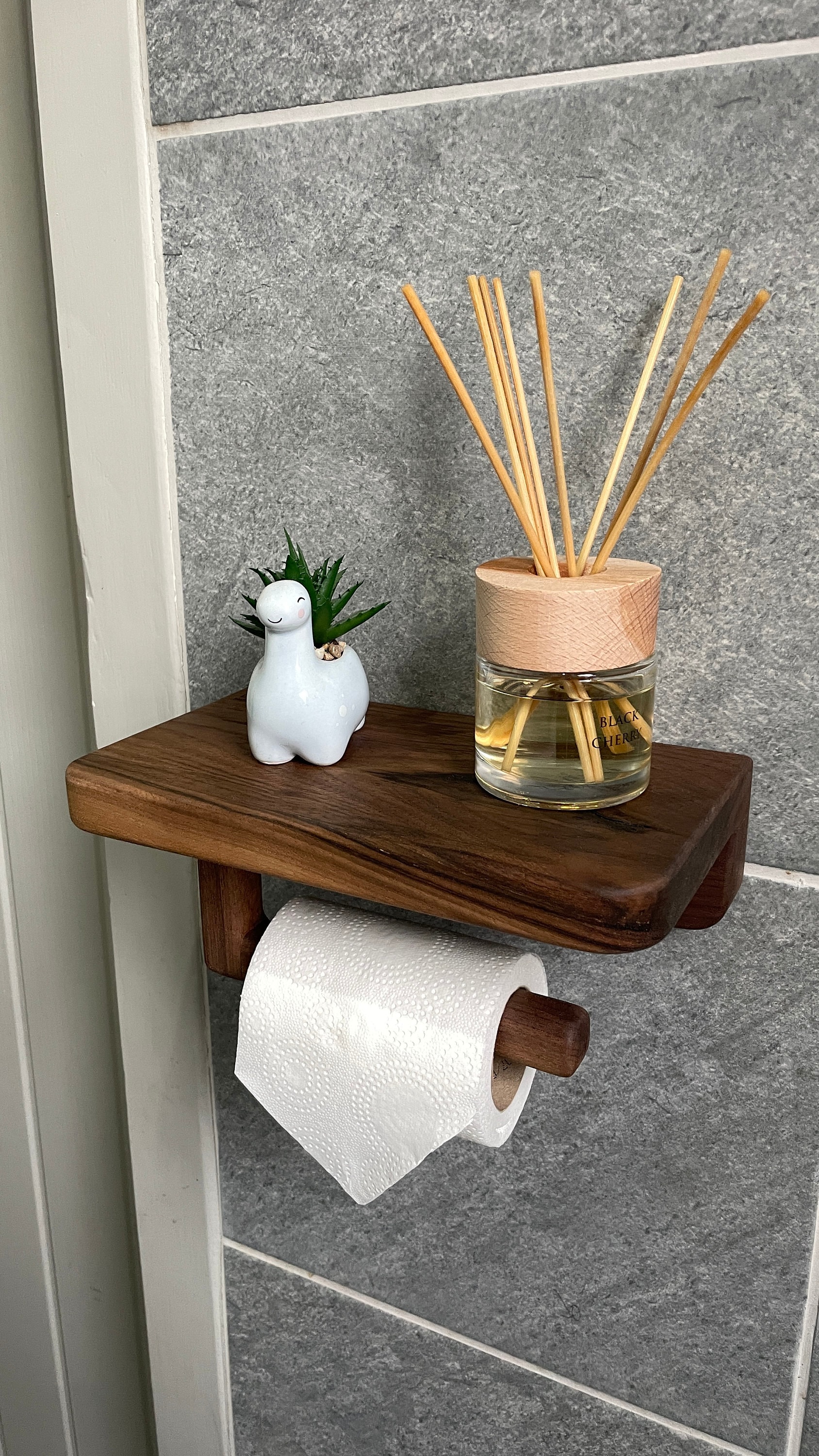 Walnut Wood Bathroom Bundle: Toilet Roll Holder and Two Floating Corner  Shelves 